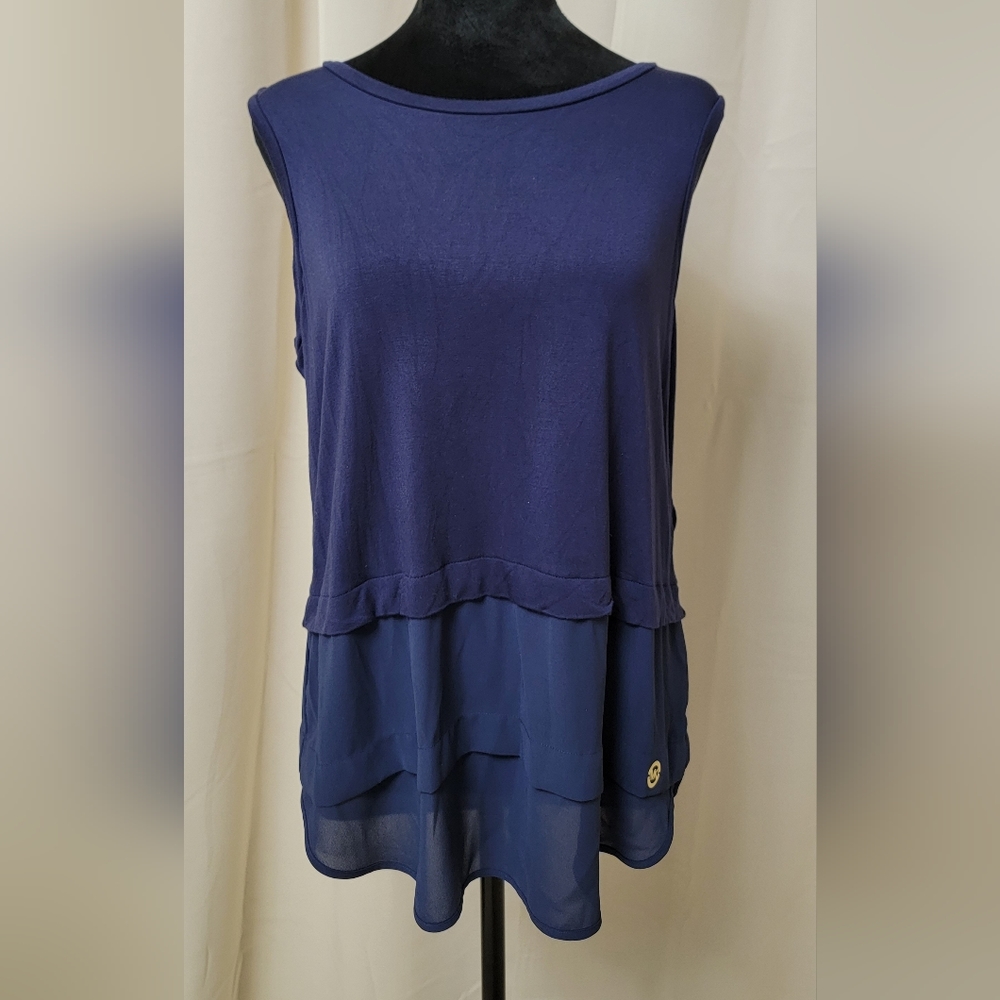 Michael Kors navy tank with sheer botton and gold emblem